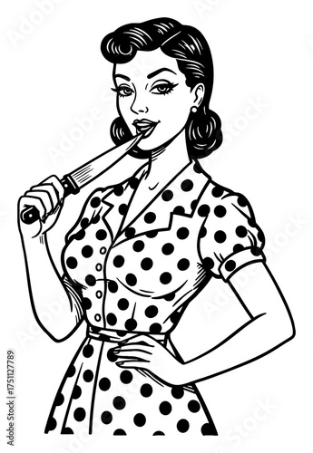 Smirking Caucasian Pinup Woman Holding Knife Polka Dot Dress Black and White Outline Line Art Drawing