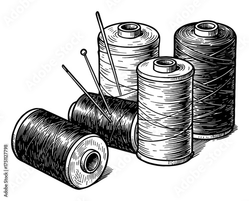 Group of Sewing Spools of Thread and Pins Vintage Etching Black and White Outline Line Art Drawing