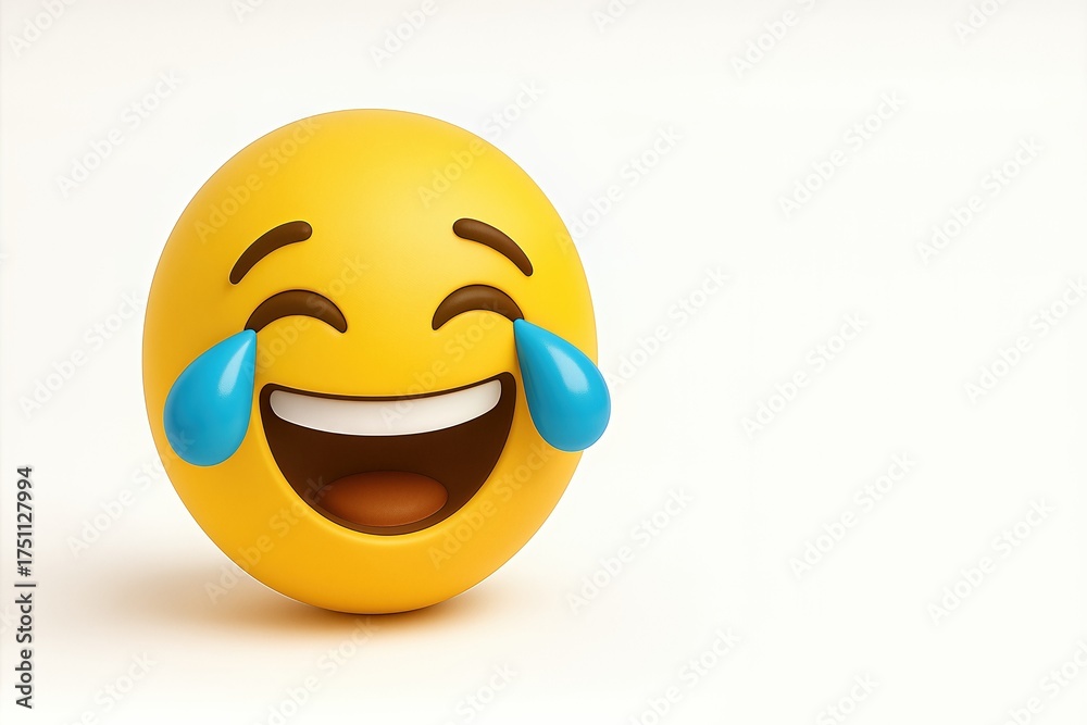 Fototapeta premium Happy yellow emoji face with joyful expression and tears of laughter on light background