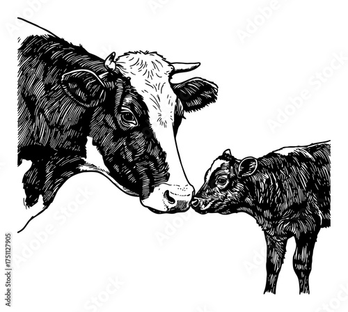 Cow and Calf Nose to Nose Showing Affection Black and White Outline Line Art Drawing Illustration