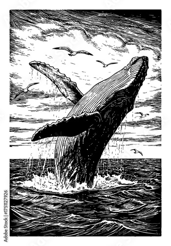Detailed Sea Landscape Humpback Whale Breaching Seagulls Black and White Outline Line Art Drawing