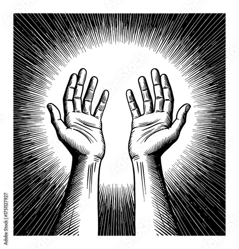 Detailed Two Hands Reaching Upwards with Dramatic Light Rays Black and White Outline Line Art Drawing
