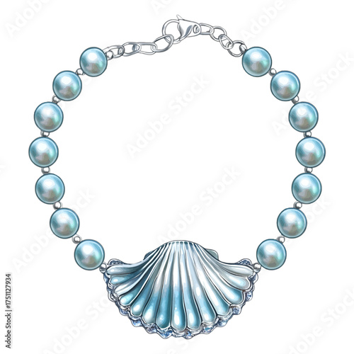 Watercolor Mermaid Bracelet with Seashell and Blue Pearls

