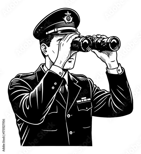 Focused military man in suit looking through binoculars Black and White Outline Line Art Drawing