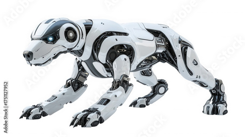 A robotic dog with white and black armor in a crouching position  in studio shot on transparent background