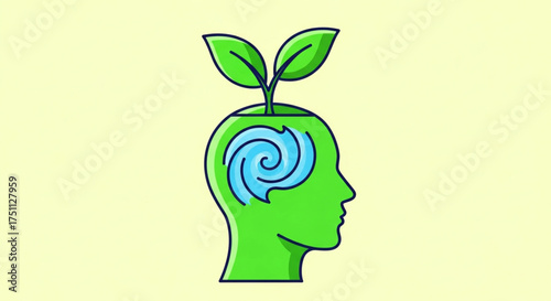 Green head silhouette with plant growing out of it, representing mental growth, in vector format