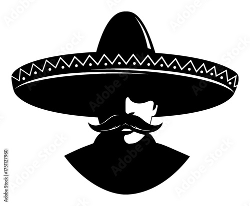Mexican Wearing Sombrero Hat with Moustache Head Portrait Simple Silhouette Black and White Outline Line Art Drawing