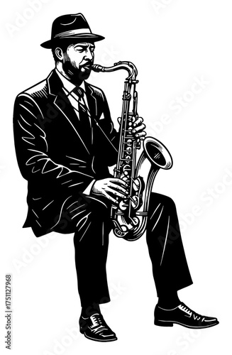 Man in Suit and Hat Playing Saxophone While Sitting Simple Silhouette Black and White Outline Line Art Drawing