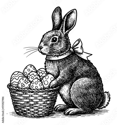 Detailed Engraving Style Easter Rabbit Holding Basket of Decorated Eggs Black and White Outline Line Art Drawing