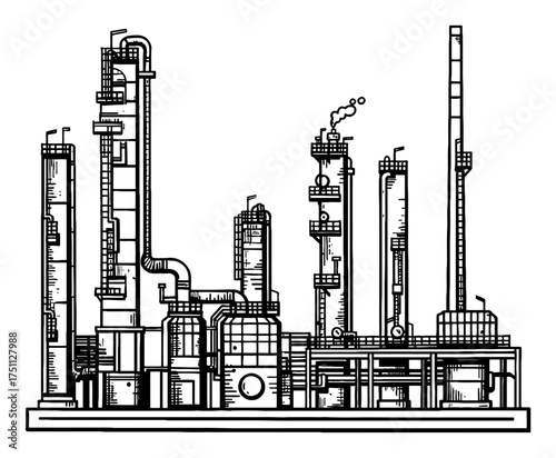 Oil Refinery Plant Industrial Complex with Towers and Pipelines Black and White Outline Line Art Drawing