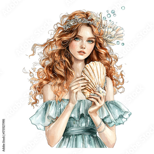 Watercolor Mermaid Portrait with Seashell and Waves
