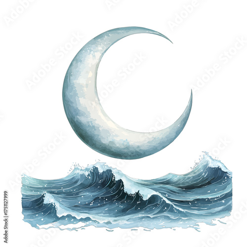 Watercolor Crescent Moon and Ocean Waves
