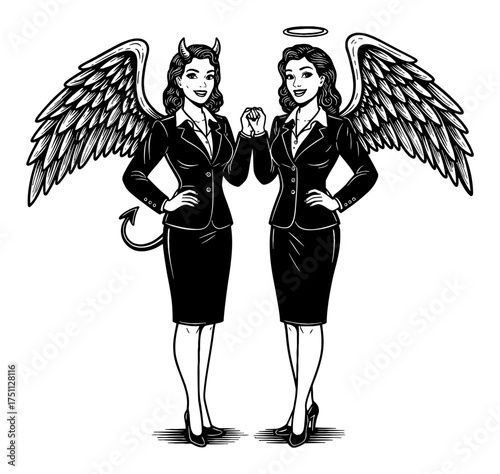 Retro Pinup Devil Woman and Angel Woman Office Suit Smiling Black and White Outline Line Art Drawing