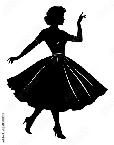 Retro Woman Dress Dancing Silhouette Vector Style Black and White Outline Line Art Drawing