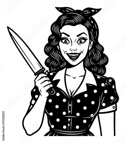 Scary Smirking Caucasian Pinup Woman Holding Knife Polka Dot Dress Black and White Outline Line Art Drawing