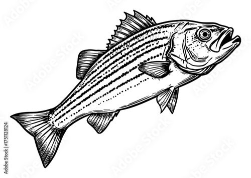 Detailed Striped Bass Fish Engraving Vintage Black and White Outline Line Art Drawing Isolated Object