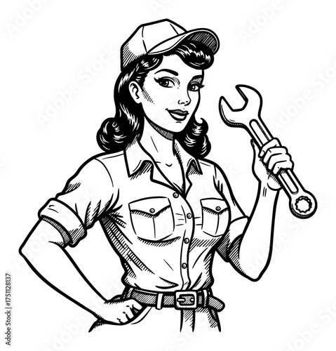 Vintage Pinup Woman Holding Wrench Mechanic Shirt Black and White Outline Line Art Drawing