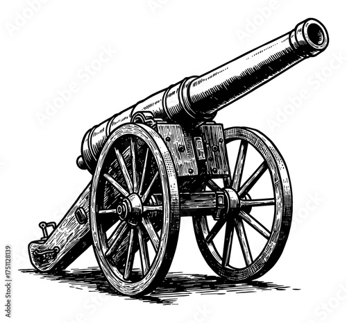 Retro Antique Cannon on Wheels Historical Artillery Weapon Black and White Outline Line Art Drawing
