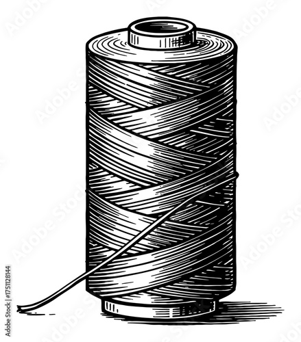 Spool of Thread Sewing Supply in Detailed Vintage Black and White Outline Line Art Drawing Engraving Style