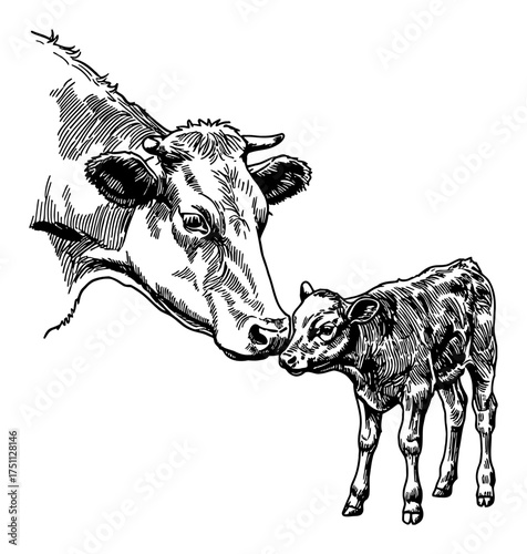 Cow and Calf Nose to Nose Showing Affection Black and White Outline Line Art Drawing Vector Isolated Design