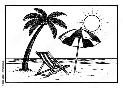 Detailed beach landscape with chair umbrella palm tree and sun Black and White Outline Line Art Drawing