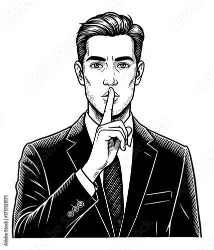Detailed Handsome Businessman Wear Suit and Do Silence Hand Gesture Black and White Outline Line Art Drawing