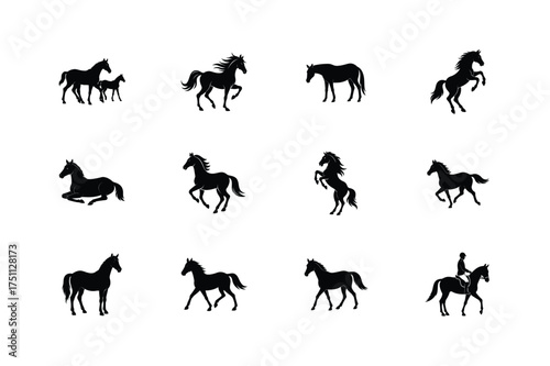 Collection of silhouette horse poses and movements in black and white
