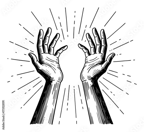 Detailed Two Hands Reaching Upwards with Dramatic Light Rays Black and White Outline Line Art Drawing