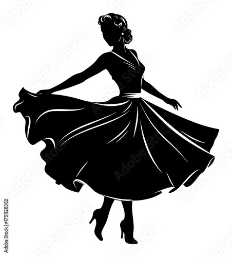 Retro Woman in Dress and Dancing Silhouette Vector Style Black and White Outline Line Art Drawing