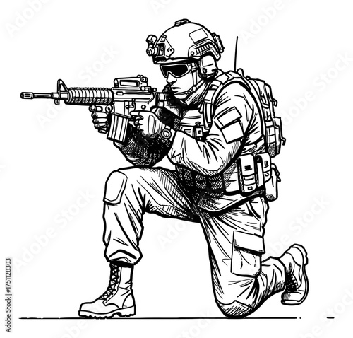 Soldier ducking with rifle wearing helmet and tactical gear Black and White Outline Line Art Drawing