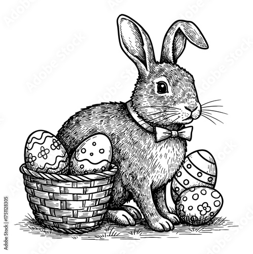 Rabbit with Easter Eggs and Basket Vintage Black and White Outline Line Art Drawing Illustration