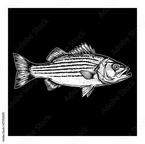 Highly Detailed Striped Bass Fish Vintage Engraving Black and White Outline Line Art Drawing Illustration