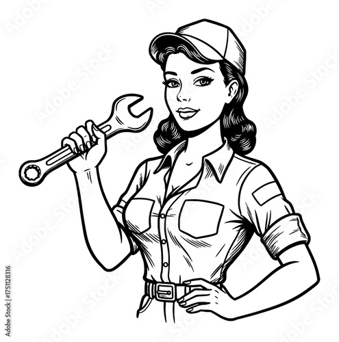 Vintage Pinup Woman Holding Wrench in Mechanic Shirt Black and White Outline Line Art Drawing