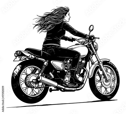 Woman with Flowing Long Hair Riding Motorbike Black and White Outline Line Art Drawing Side View Vintage