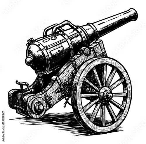 Retro Cannon on Wheels Carriage Artillery Vintage Weapon Black and White Outline Line Art Drawing