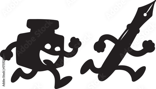 Ink bottle and fountain pen silhouette running isolated on white background