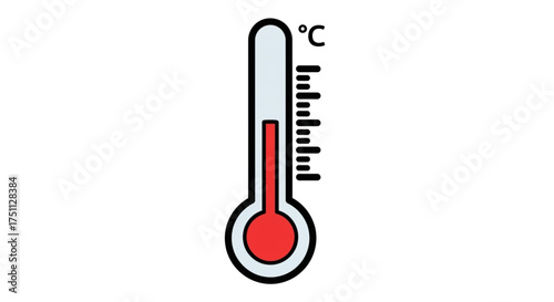 Illustration of a thermometer showing a high temperature, celsius degree symbol and scale included