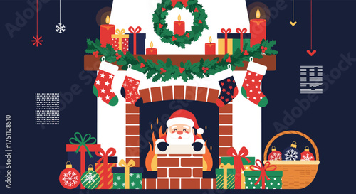 Christmas fireplace scene with santa claus gift stockings and ornaments.