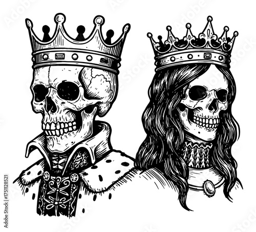 Skull King and Queen Couple Wearing Crown with Long Hair Black and White Outline Line Art Drawing
