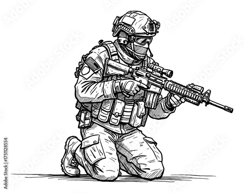 Soldier Ducking with Rifle Wearing Helmet and Tactical Gear Detailed Black and White Outline Line Art Drawing