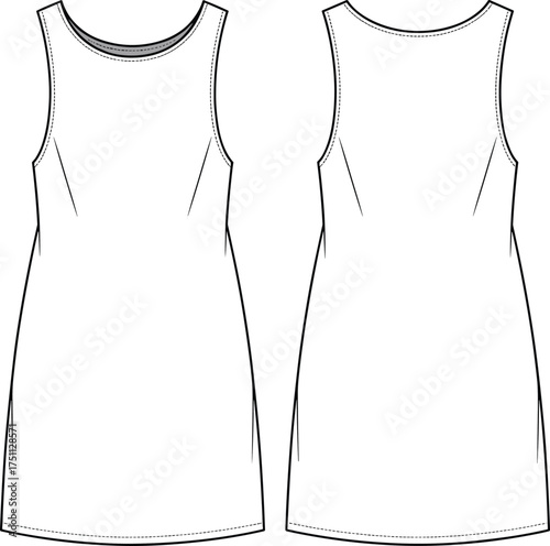Basic sleeveless dress fashion flat sketch front and back view, simple shift dress outline, technical CAD vector template illustration