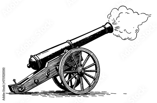 Vintage Retro Cannon Artillery Piece Firing Smoke Explosion Black and White Outline Line Art Drawing