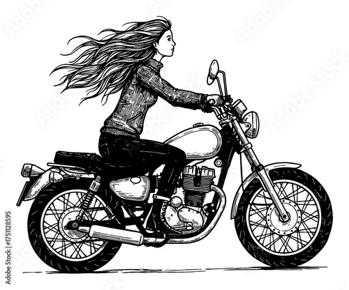 Woman with Flowing Long Hair Riding Vintage Motorbike Black and White Outline Line Art Drawing