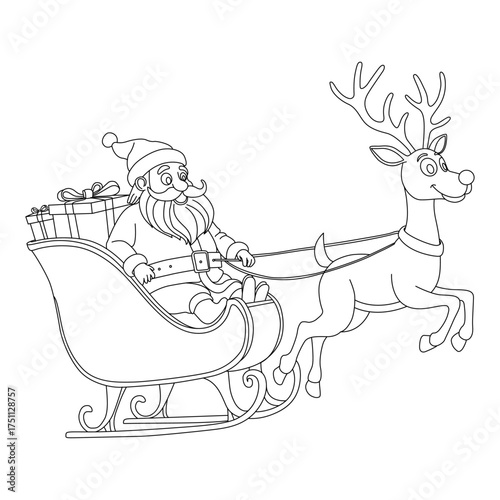 Santa and reindeer with gift line art vector design. Santa and reindeer with gift  outline illustration design.