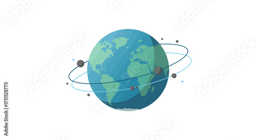 Stylized Earth Globe with Satellites and Orbiting Lines