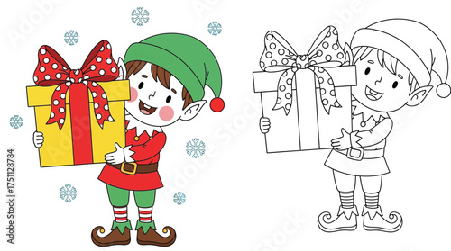 Cute Christmas Elf Holding a Gift Box - Festive Holiday Character Design for Coloring Book and Seasonal Projects