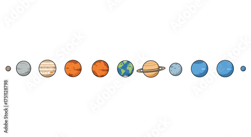 Cartoon Solar System Planets in a Row Illustration