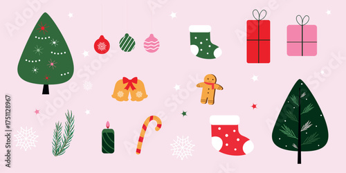 New year holiday winter set. New year tree, presents, socs, Christmas tree balls, jingle bells, candle, sweet. Vector illustration