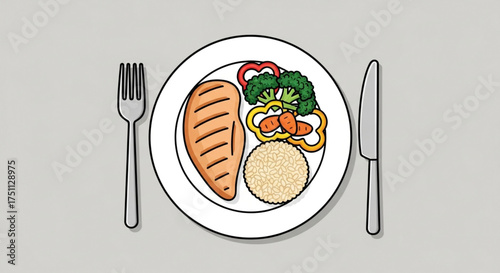 Illustration of a balanced meal with grilled chicken, vegetables, and rice on a plate, promoting healthy eating habits
