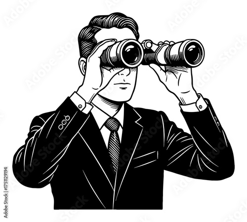 Focused Businessman in Suit Looking Through Binoculars Black and White Outline Line Art Drawing
